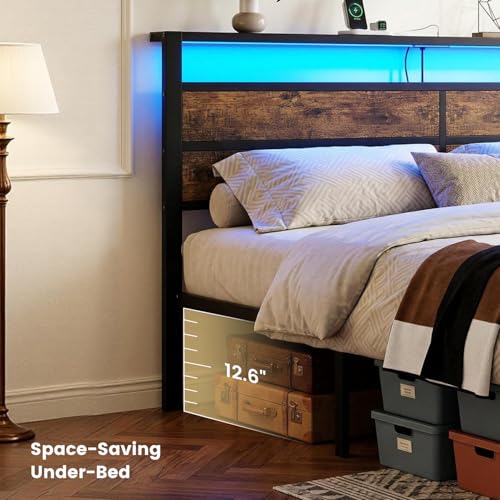 Image of Full Size Metal Bed Frame with Storage Headboard, LED Lights