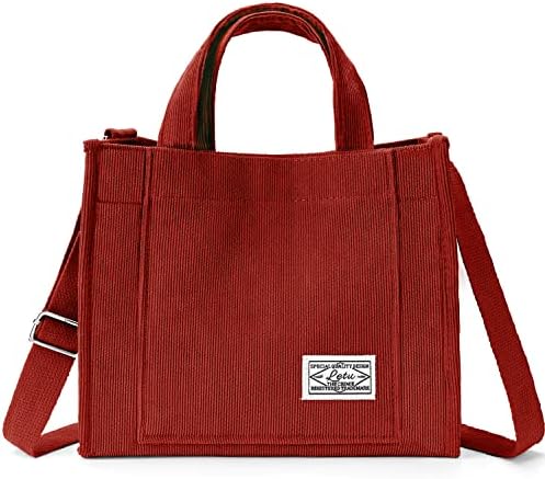 Corduroy Tote Bag for Women Small Satchel Bag Mini Tote Bag Aesthetic Crossbody Bag Handbag - School Work Travel Shopping(Merlot red)