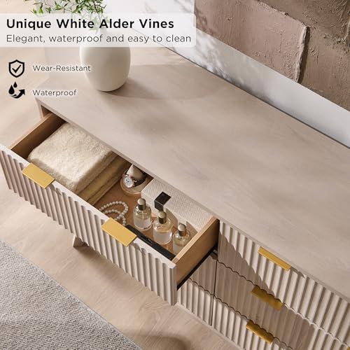 Image of T4TREAM Fluted 6 Drawers Dresser, 54 inch Wide Modern Chest of Drawers, Curved Profile Design, Dresser TV Stand, Wood Drawer Organizer for Bedroom, Living Room, Hallway, White Alder