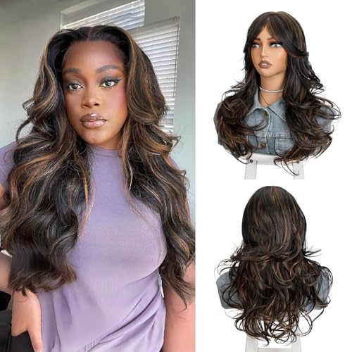 Aientt Highlight Black Brown Mix Caramel Layered Wig with Curtain