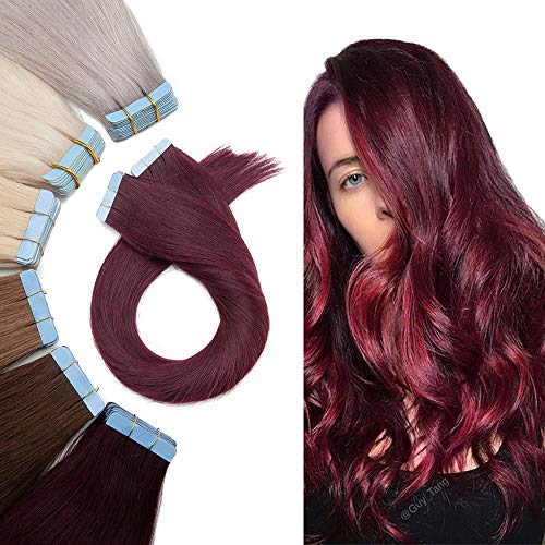 Tape in Real Human hair Extension Glue In Hair Extensions Tape in Hair Extension Remy Human Hair Thin Long Straight Skin Weft Red Human Hair Extensions 16 inch 30g 20pcs #99J Wine Red