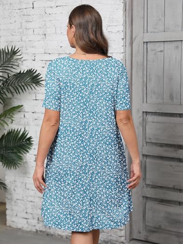 Image of AusLook Plus Size Midi Dress for Women Casual Summer Short Sleeve A Line Swing Dress with Pocket Round Neck Flowy Dress 1X-5X