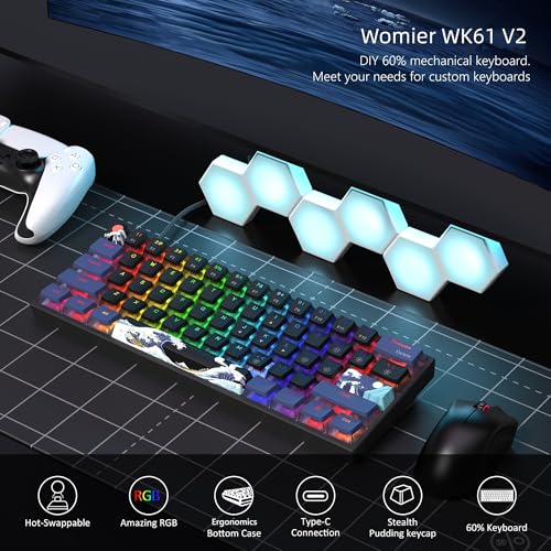 Womier 60% Percent Keyboard Gaming, WK61 V2 Creamy Mechanical Wired Keyboard Anime, Hot-Swappable RGB Key Board with PBT Keycaps for Windows PC Gamers - POM Linear Red Switch(Black Kanagawa)