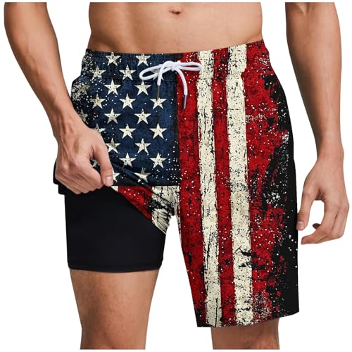 American Flag Swim Trunks for Men with Compression Liner Patriotic 4th of July Quick Dry 2 in 1 Beach Board Shorts