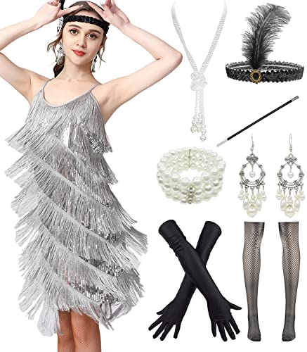 Image of Women 1920s Gatsby Flapper Dress Sexy Open Back Strap Fringed Cocktail Party Dress with 20s Accessories