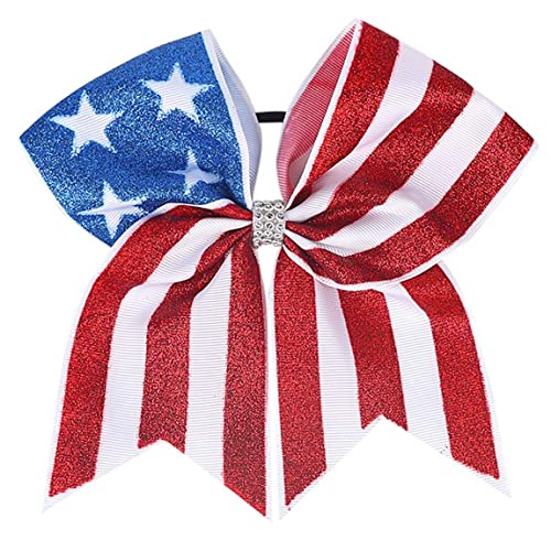 July Fourth Hair Bow, Red White Blue Hair Bow for Women Girls Glitter Large Cheer Hair Bow Hair Ties Patriotic Hair Band Ponytail Holder TSFQ04 (Cheer Bow 1)