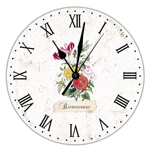 Lily Floral Bienvenue - Reloj de pared redondo de PVC con diseño floral francés, funciona con pilas, 30,5 cm, decoración clásica para baño, escuela, sala de estar, oficina en casa