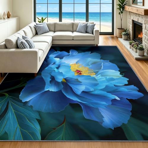 Alfombra lavable 90x150 con base antideslizante y diseño floral de peonías azul para interior 3