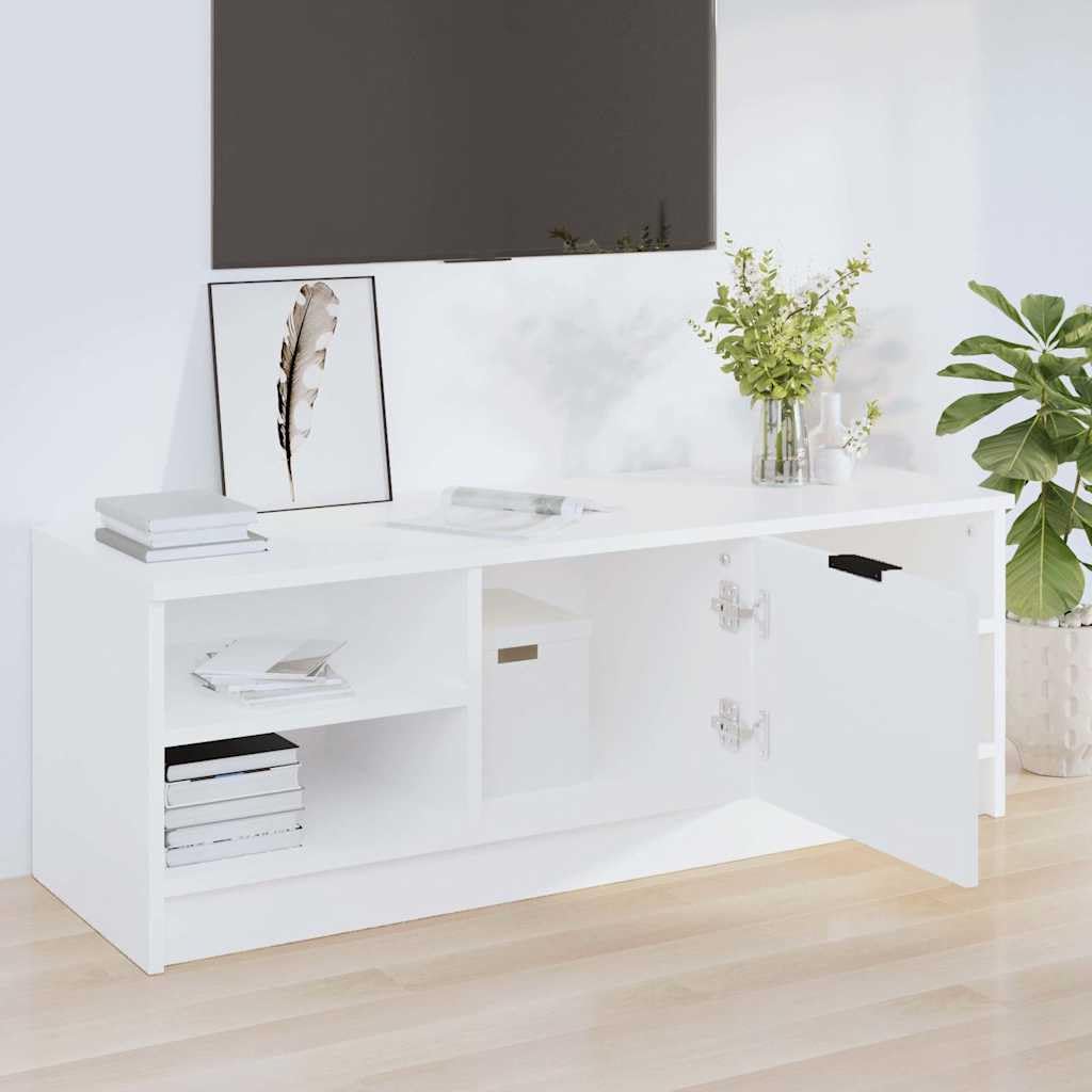 Szafka pod telewizor biała z materiału drewnopochodnego 102 x 35,5 x 36,5 cm z miejscem do przechowywania, półką i półką do salonu, nowoczesny Lowboard, kredens, komoda, szafka pod telewizor