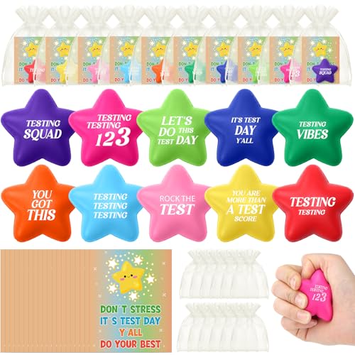 Hollowfly 30 Pack Testing Motivation Gifts for Students Bulk Encouragement Cards Star Stress Relief Ball with Motivational Quote and Organza Gift Bag for Standardized Test Day Exam Goodie Bag Filler