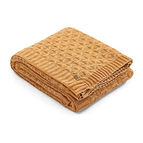 Image of Pluchi Kelly Knit Cotton Knitted Textured All Season AC Throw Blanket for Sofa (Luxurious,125cm X 150cm, 49 x 59 Inches) (Mustard)