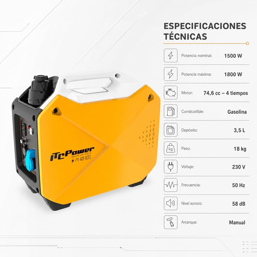 ITCPower Generador Eléctrico Inverter 1800W Silencioso para Uso Profesional y Doméstico - Generador Gasolina Eléctrico Portátil con Motor 4 Tiempos - Inverter Bajo Consumo y Energía Estable