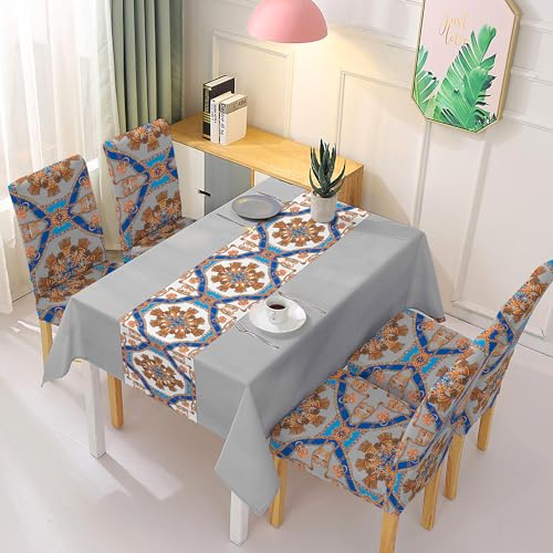HOKIPO Polyester Chair Cover Set Of 4 With Matching Table Cover (Ar-5186-D4, Rectangular, Grey)