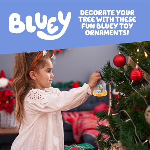 Image of Bluey Ornament Pack of 2, Poseable Mini Figures in Sweaters | Converts from tree decoration to toy figure, gold base, 2025 dated; Bluey Christmas gift for kids ages 3+