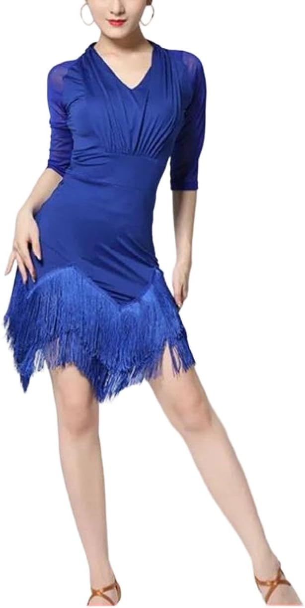 Women Fashion Half Sleeve Latin Dress Summer Solid Tassel Comfortable Outfit for Latin Dance Practice Stage