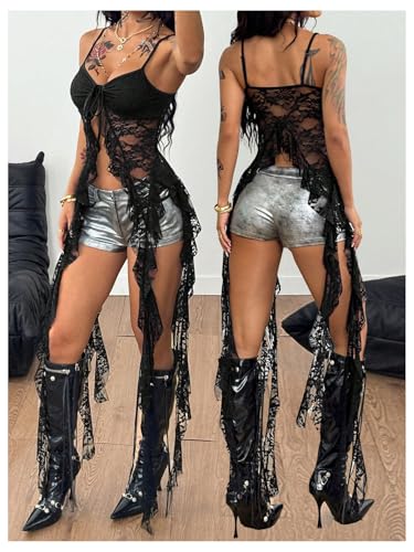 SHENHE Women's Y2k Lace Tie Front Cami Ruffle Flowy Asymmetrical Long Tassel Rave Concert Top2