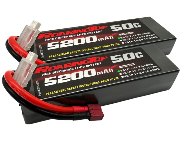 RoaringTop 7.4V 50C 5200mAh 2S RC Lipo Battery with T Connector and XT60 for RC Car Truck Truggy Boat(2 Packs)