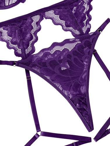 Image of Lilosy Sexy Choker Floral Lace Scallop Sheer Underwire Push Up Garter Belt Lingerie Set 3 Piece