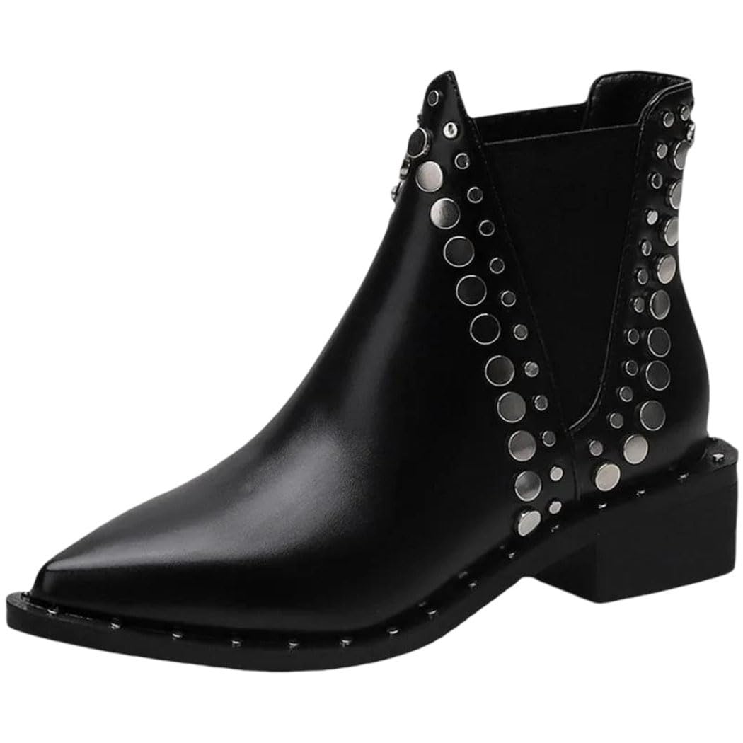 Womens Short Boots Leather Thick Heel Rivets Pointed Toe Motorcycle Booties
