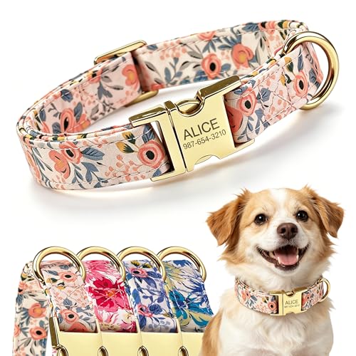 Personalisierter süßer Blumenmuster- Hundehalsband, individuell graviert mit Tiername und Telefonnummer, verstellbares weiches gepolstertes geräuschloses Halsband für kleine, mittlere und gr