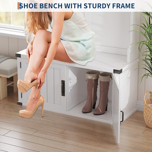 GarveeHome Hall Tree with Shoe Storage Bench, 4-in-1 Entryway Bench with Coat Rack & Adjustable Shlef & 2 Wood Door, Hall Tree with Metal Corner & 5 Tri-Hooks for Entryway,Bedroom, Living Room, White