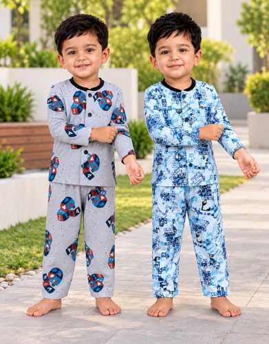 Image of 3BROS Kids Pure Cotton Night Suit Set | Boys Girls Printed Sleepwear Shirt & Pajama Clothing Combo | Soft Breathable Night Dress Outfit | Pack of 2
