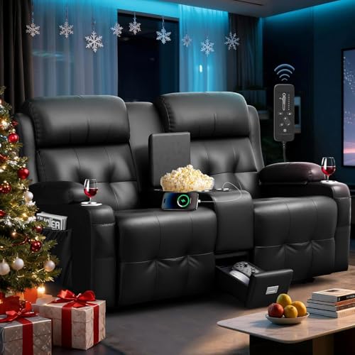 Loveseat Recliner Sofa, Home Theater Seating Massage Reclining Couch with USB, Center Console, Wall Hugger RV Recliners, 145° Adjustable Recline & Cup Holders & Side Pockets,for RV & Movie Room