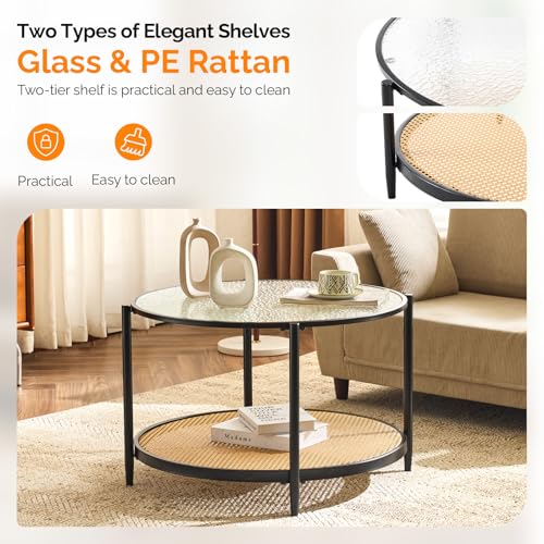 Image of VINGLI 30 inch Round Coffee Table with Rattan Shelf, Glass Coffee Tables for Home Decor, Modern Coffe Table with 2-Tier Storage, Circle Center Table for Living Room, Office, Small Space, Black