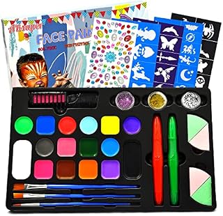 ABsuper Face Paint for Children 16 Colours Professional Body Face Painting Kit for Kids with Gem Sheet, Glitters, Stencils, Hair Chalks Comb, Brushes, Sponges, Non-Toxic Water Based Washable