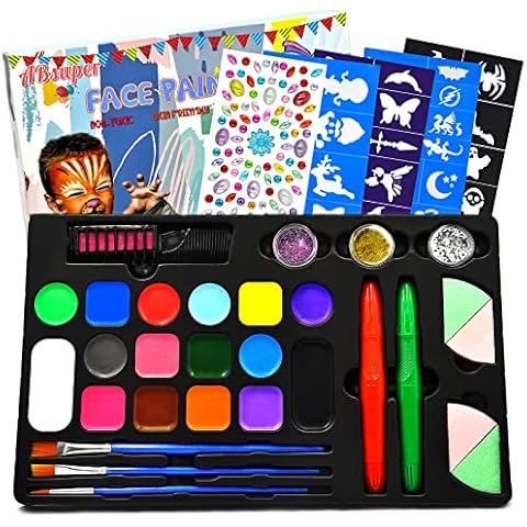 ABsuper Face Paint for Children 16 Colours Professional Body Face Painting Kit for Kids with Gem Sheet, Glitters, Stencils, Hair Chalks Comb, Brushes, Sponges, Non-Toxic Water Based Washable Cover