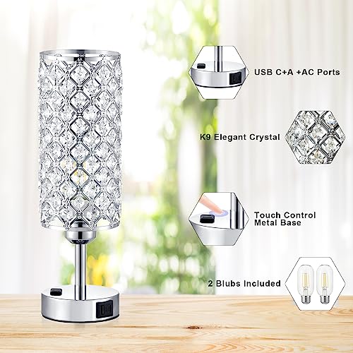 Hong-In Crystal Lamp Touch Control Set Of 2, Sliver Crystal Table Lamps With Usb C+A Ports & Ac Outlet thumb #7