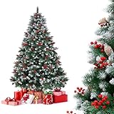 YOUDENOVA Albero di Natale artificiale con neve, abete artificiale 180 cm, albero di Natale con agrifoglio e pigne, albero di neve, albero di Natale artificiale con montaggio rapido, sistema
