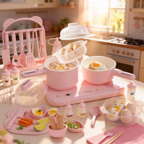 Cooking Sets Real Electric Dual Stove - Montessori Real Cooking Set with Mini Kitchen Tools Safe Utensils Apron & Cookware - Great for Pretend Play Montessori Learning (Pink)