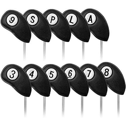 Golfschlägerhauben Set Wert 11 Stück für Golf Eisen, Kunstleder Deluxe Schlägerhauben Schwarz Blau Rot Golfschläger Covers, Professionell Langlebig Schlägerkopfhüllen Passen Alle Markenclubs (Schwarz) Cover