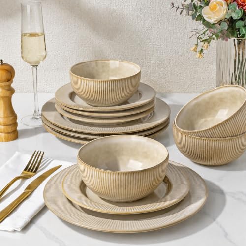 Image of GBHOME Ceramic Dinnerware Sets,12 pcs Embossed Elegant Stoneware Plates and Bowls Sets, Housewarming Wedding Gift | Dishwasher & Microwave Safe | Dishes Set Service for 4