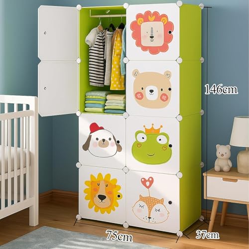 Image of 8 Door Kids Cartoon Wardrobe Storage Cabinet - DIY Modular Clothes Organizer with Hanging Cartoon Design Wardrobe with Multi for Bedroom, Living Room,Entryway (Green, 8-Door)
