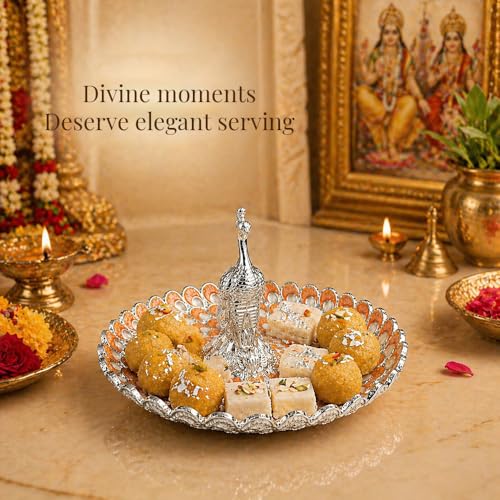 Image of Diviniti German Silver Peacock Decorative Tray for Home Decor | Luxury Dry Fruit & Sweet Serving Platter with Orange Enamel Feather Design | Premium Decorative Gift Hamper Plate with Elegant Gift Box