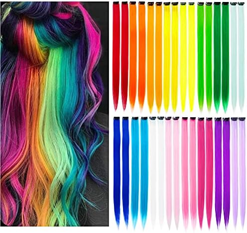 KGBFASS 32Packs Colored Hair Extensions 20Inch Straight Color Clip in on Hair Extension Rainbow Party Highlights Synthetic Hairpiece for Girls (16 colors)