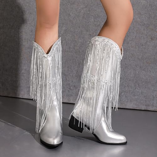 PAUVAODY Mode Kwast Cowboy Laarzen voor dames Metallic Cowgirl Mid-Calf Laarzen - Afbeelding 4