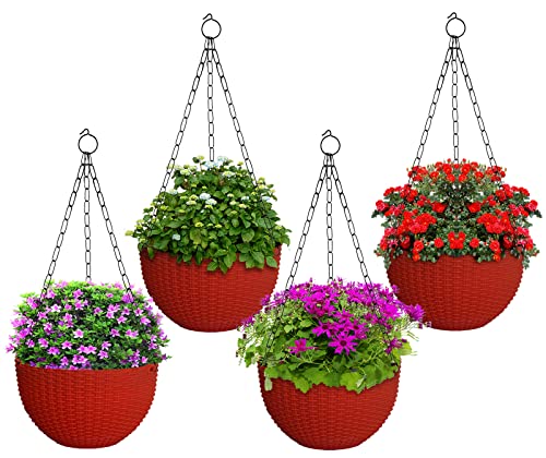 Image of Heat Home Plastic Hanging Flower Pot for Balcony & Railing Set (Red, Set of 4)