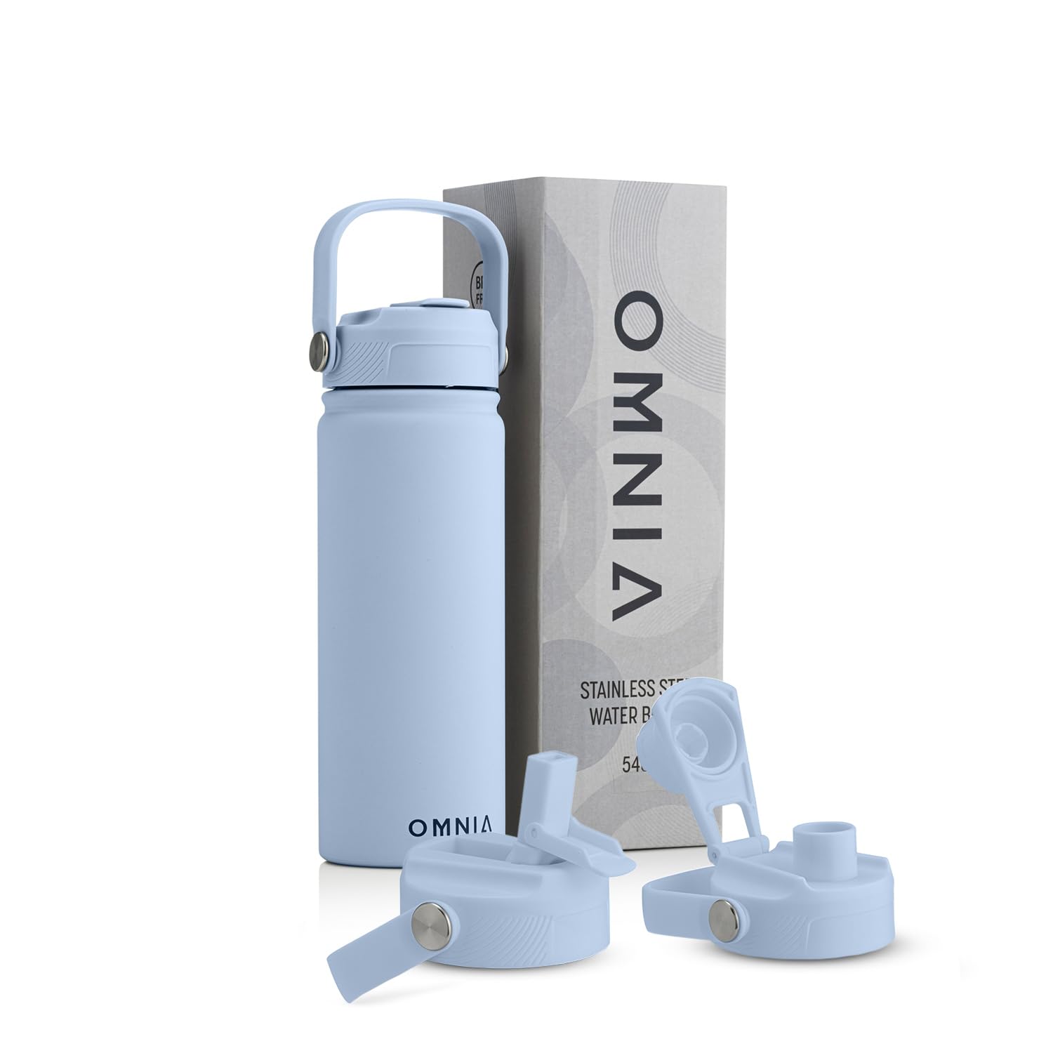 OMNIA NUTRIENTS Vacuum Insulated Stainless Steel Water Bottle, 2 Lids (Straw & Spout) Leakproof, BPA-Free, Reusable Flask Ideal for Travel and Outdoors (Sky Blue - 540 ml)