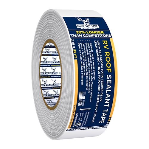 Buck RV Roof Sealant Tape – 2 Inch x 55ft, 40 Mil – Waterproof RV Tape for Roof Repair, Seams, Skylights, Vents & Window Leaks on Camper, Trailer & Boat, UV Resistant & Weatherproof, White, 1 Pack