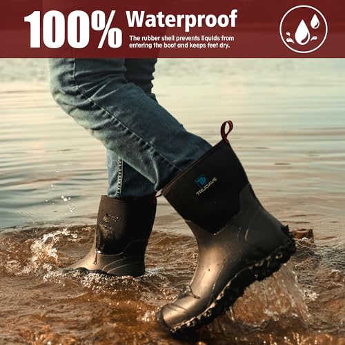 Rubber Boots for Men, 6mm Neoprene Insulated Mud Boots with Steel Shank, Men's Mid Calf Waterproof Rain Boots,Anti-Slip Rubber Work Boots for Farming Gardening Fishing,Size 7-132