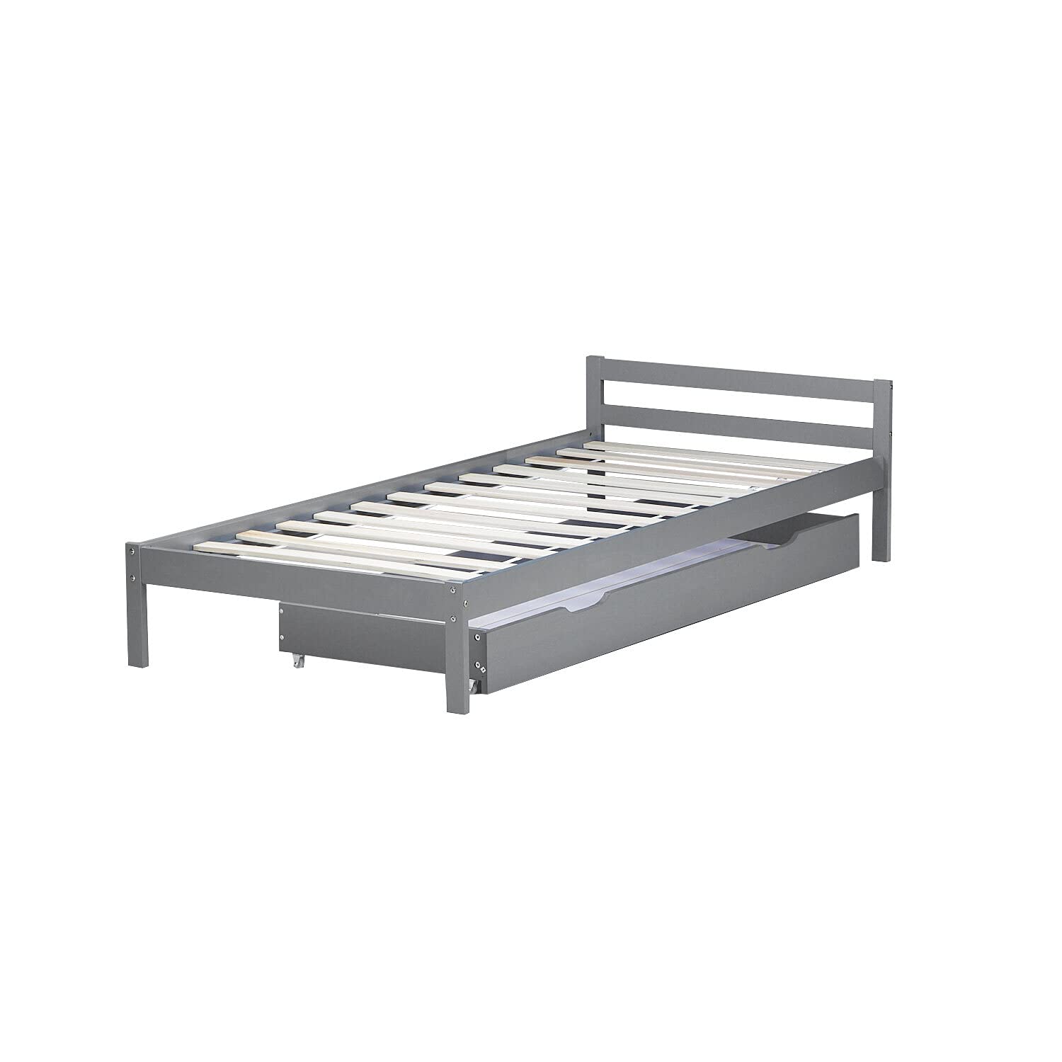 Homestyle4u Bettkasten aus Kiefernholz - Rollbare Bettschublade in Grau | Praktische Unterbettkommode für Stauraum - 173x63x16 cm Bettauszug für Bettwäsche, Kissen und Kleidung