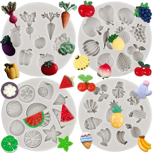 MINFEIDMS Vegetable Fruit Radish Tomato Eggplant Cabbage Silicone Mold Strawberry Watermelon Banana Chocolate Fondant Mold For Cake Decorating Cupcake Topper Gum Paste Polymer Clay Set Of 4
