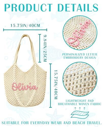 Bolso de playa tejido a ganchillo personalizado para mujer, bolso tote grande y ligero con bordado artesanal, ideal como regalo para fiesta de despedida de soltera, vacaciones de verano miniatura 6