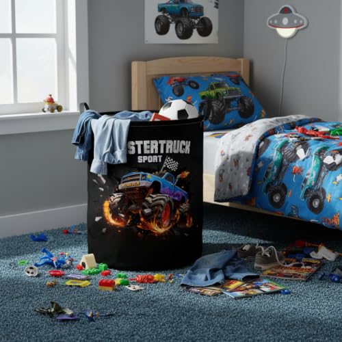Image of Baby Laundry Hamper Basket Baby Hamper for Nursery Boy and Girl Cute Storage Bin Organizer Boho Room Decor(Blasting Truck)