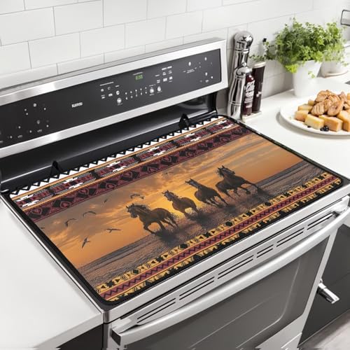 Image of Aztec Horse Electric Stove Top Cover,Black Cat Stove Cover for Glass Top Electric Stove,Astrology Heat Resistant Flat Top Stove Mat Countertop Protector