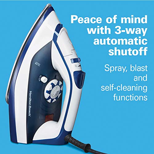Hamilton Beach Iron & Garment Steamer For Clothes With Smooth Press Stainless Steel Soleplate, 3-Way Auto Shutoff, 1500 Watts For High-Velocity Steam, 10’ Cord, Leak-Proof Anti-Drip, White (14650) #TOP4