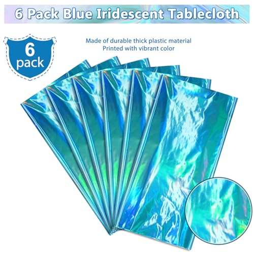 Image of 6 Pack Blue Plastic Tablecloth, Disposable Rectangle Table Covers, Holographic Metallic Foil Tablecloth Light Blue Party Supplies Decorations for Birthday Graduation Ocean Under the Sea, 54x108Inch